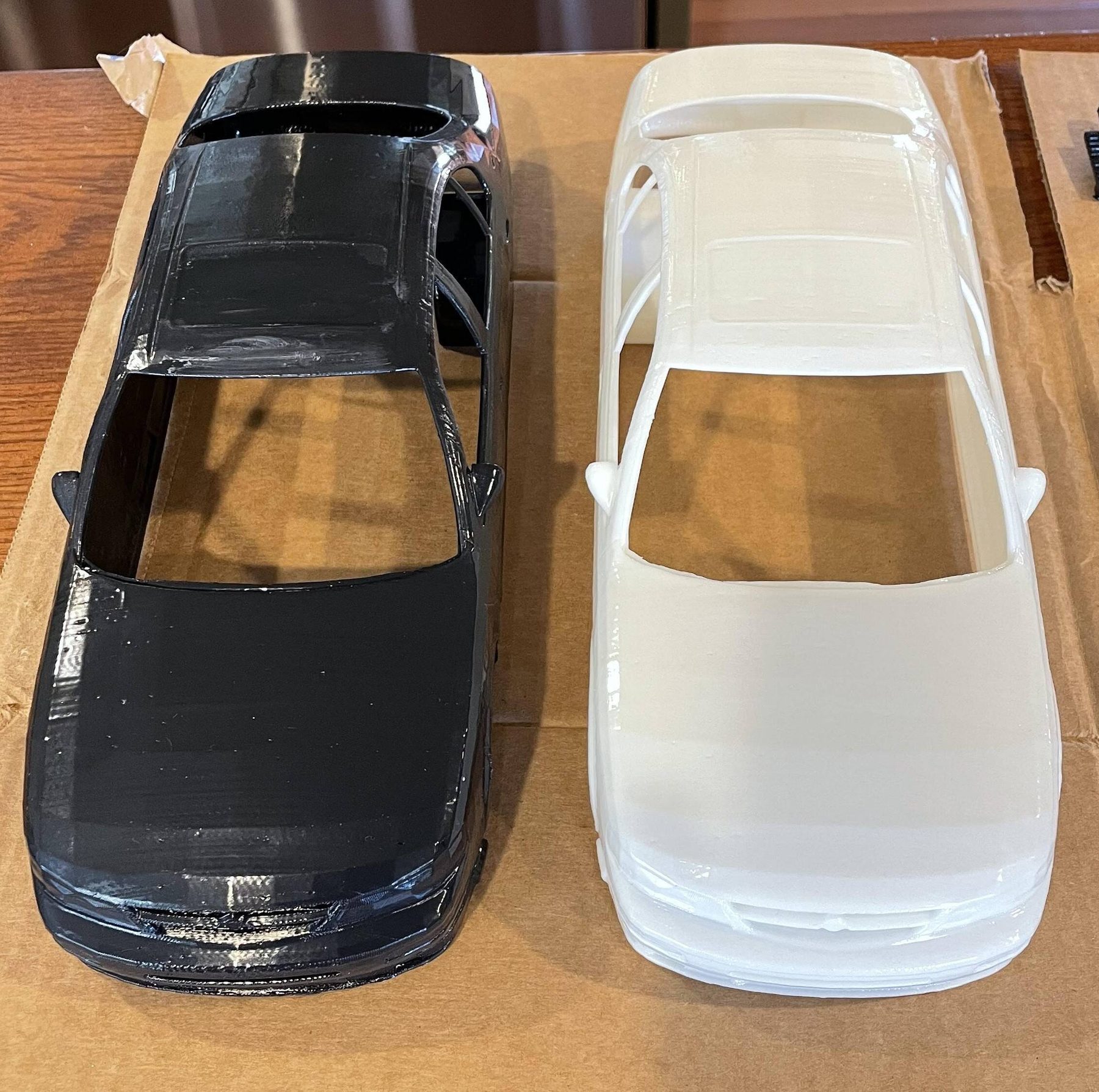 Two 3D printed RC car bodies